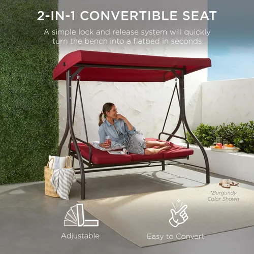 Miniatura 2 de Best Choice Products Columpio Deslizante con Toldo Convertible Grande de 3 Asientos para Exteriores, Hamaca de Patio, Silla de Descanso para Porche