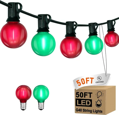 Cadena de luces LED G40 para exteriores de Navidad de 50 pies, cadena de luces colgantes de globo con 27 LED inastillables, luces rojas y verdes
