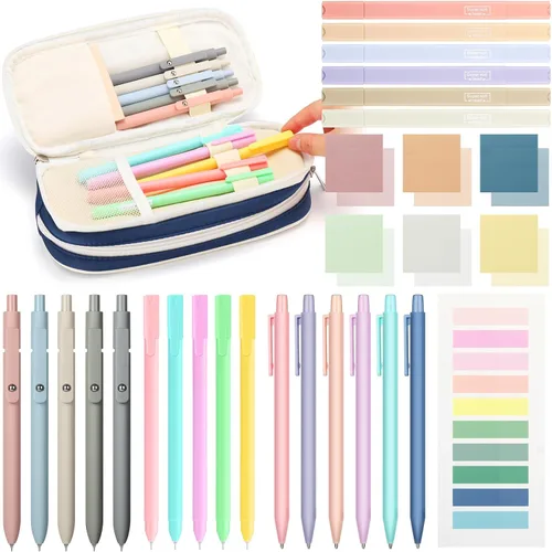 Miniatura 7 de 30 piezas de suministros escolares estéticos con estuche, 6 lápices mecánicos, 5 bolígrafos, 5 bolígrafos de secado rápido, 6 resaltadores pastel