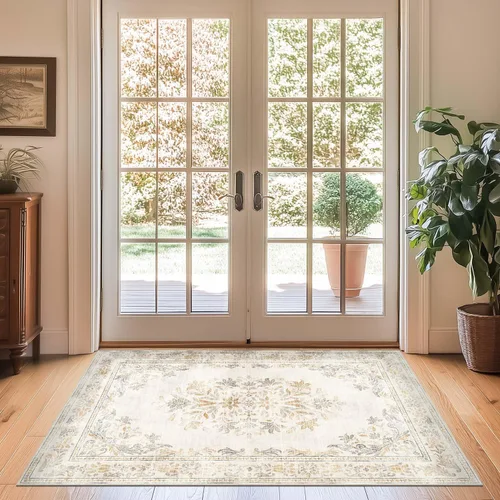 Miniatura 15 de Jinchan Fiora - Alfombra redonda de 8 pies, alfombras vintage con diseño floral envejecido, lavable a máquina, antideslizante, de pelo bajo, Azul