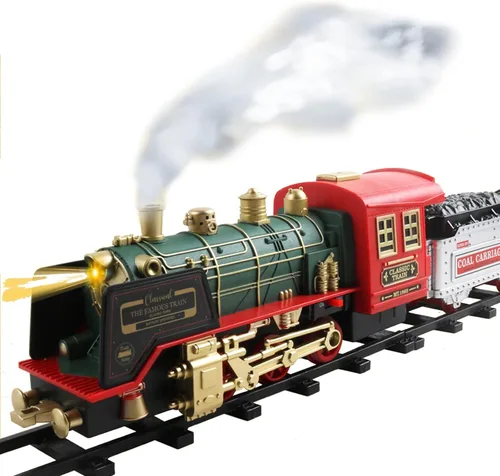 Tren eléctrico de Navidad con control remoto con humo, luces, sonido, locomotora, automóviles y transporte remoto, recargable por USB, con pista,
