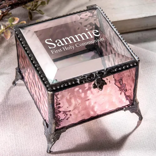 Miniatura 2 de Caja de recuerdo personalizada de regalo de primera comunión para niña, vitral, joyería grabada J Devlin EB218-2 (rosa)