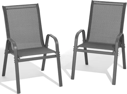 Miniatura 11 de Juego de 2 sillas de patio, sillas de comedor exterior apilables de fácil montaje con respaldo alto y asiento ancho, sillas exteriores transpirables