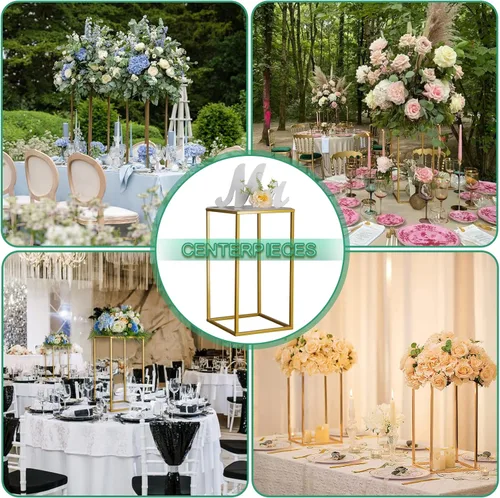 Miniatura 7 de YALLOVE Paquete de 2 soportes dorados de 15.75 pulgadas para flores de boda, soporte de columna de metal para centro de mesa geométrico