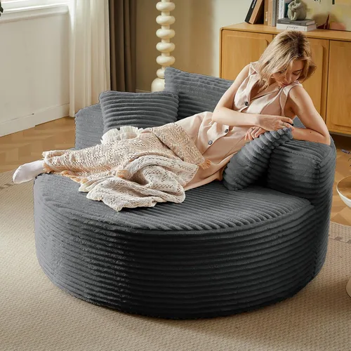 Miniatura 16 de Silla redonda de gran tamaño de 55 pulgadas, tumbona para interiores, silla circular grande sin hueso con pana de felpa, no requiere montaje, sofá
