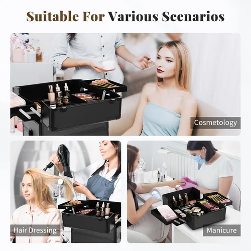 Miniatura 9 de Estuche Profesional de Maquillaje Enrollable con Tapa, Estuche de Cosmetología 5 en 1 con Ruedas, Organizador de Equipaje Cosmético Grande