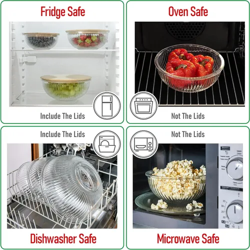 Miniatura 6 de Juego apilable de ahorro de espacio de 3 cuencos de vidrio con tapas de bambú para preparación de alimentos, almacenamiento, mezcla y cocina - Apto