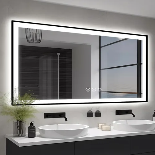 Miniatura 50 de EchosLife Espejos de baño LED de 20 x 28 pulgadas para pared, marco de aluminio negro (frontal y retroiluminado), espejo de tocador antivaho
