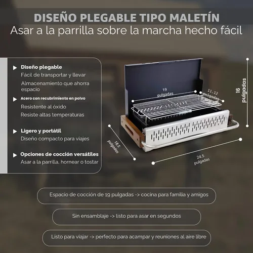 Miniatura 3 de GasOne XL Parrilla de Carbón Portátil – Parrilla de Barbacoa Plegable de 24.5 x 18.5 pulgadas tipo Maletín con Tapa – Ahumador de Carbón Ligero