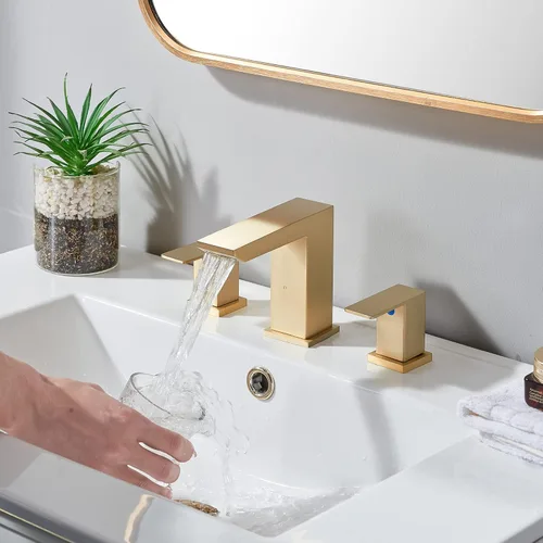 Miniatura 8 de Grifo de lavabo de baño de oro cepillado, grifo de baño de cascada de 3 agujeros, grifos de baño de tocador de 2 asas, grifo de baño moderno