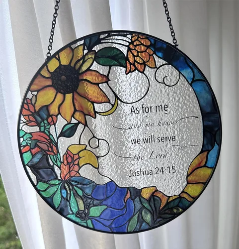 Miniatura 5 de Vitrales de 7.8 pulgadas con diseño de atrapasoles con texto en inglés "As for Me and My House We Will Serve The Lord Christian Wall" Arte