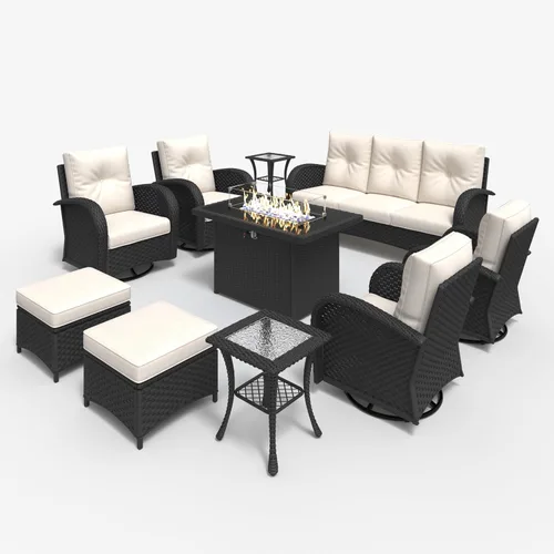Miniatura 2 de LayinSun - Juego de 10 piezas de muebles seccionales de patio para el aire libre con mesa para fogata, juegos de sillas giratorias reclinables