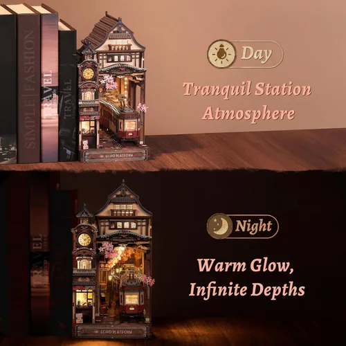 Miniatura 7 de FUNPOLA Kit de rincón de lectura del tren Sakura – Rompecabezas de madera 3D con LED y espejo infinito – Decoración de estantería DIY, manualidad