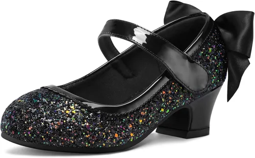 Miniatura 7 de K KomForme Zapatos de vestir para niñas con purpurina Mary Jane tipo pump con lazo, tacón bajo para fiestas y bodas, zapatos de princesa