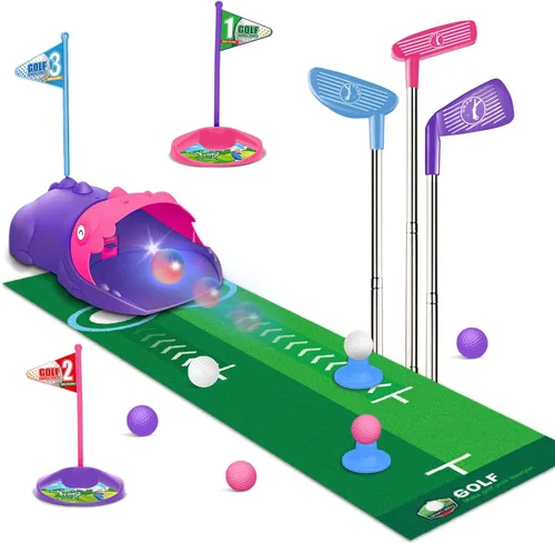TERRAMUS Juego de golf para niños con dinosaurio de retorno automático de golf, bolas de golf nocturnas con luz LED, 3 palos, alfombra de putt, 3-8