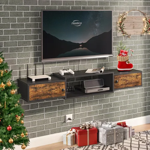 Miniatura 10 de HOOBRO BK11UDS01 - Soporte flotante de 55 pulgadas para TV con tomas de corriente, moderno estante de consola multimedia montado en la pared