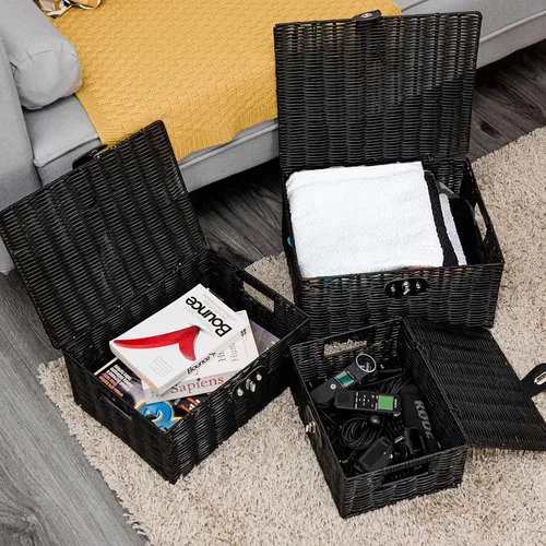 Miniatura 2 de Juego de 3 cestas de almacenamiento tejidas de mimbre apilables con tapa y cerradura, asas de transporte integradas, organizador para guardería