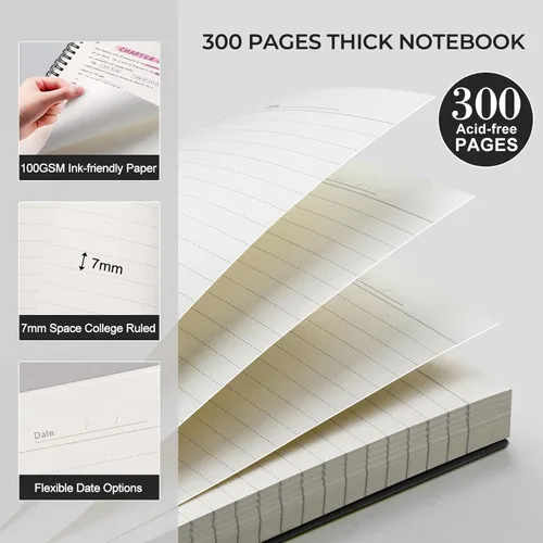 Miniatura 4 de AHGXG Cuaderno espiral rayado para universidad - Cuaderno espiral perforado A4 de 8.5" x 11", 300 páginas con páginas perforadas fáciles de rasgar