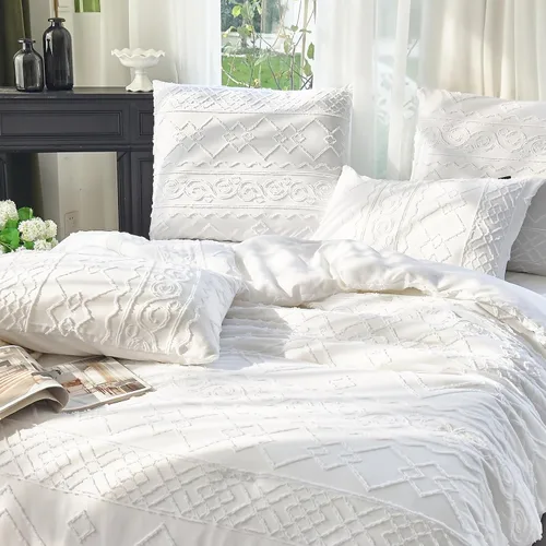 Miniatura 12 de Edredón con Mechones Tamaño King Juego de 3 Piezas Beige Boho Decoración de Dormitorio Estilo Granja para Todas las Estaciones Edredón Tamaño King