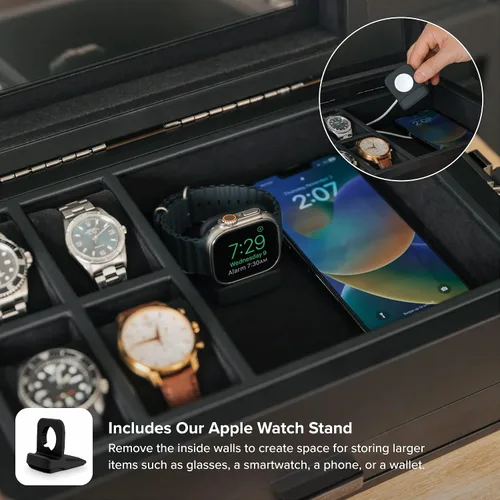 Miniatura 8 de CASE ELEGANCE Black Edition - Caja de reloj militar con 10 ranuras para hombres, parte superior de cristal real, bandeja modular de valet