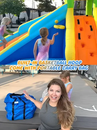 Miniatura 7 de ROOJER Tobogán acuático inflable de cocodrilo para patio trasero de niños, 8 en 1, casa de rebote húmeda y seca, parque acuático con soplador