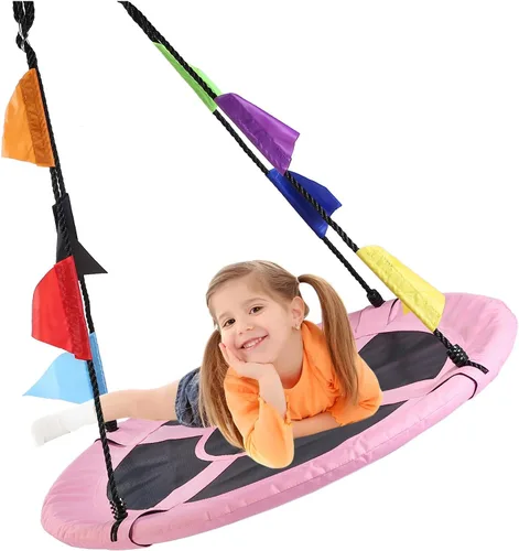 Miniatura 8 de Columpio de árbol de platillo de 40 pulgadas para niños, columpio redondo al aire libre con correas para colgar y cuerdas ajustables, fácil montaje