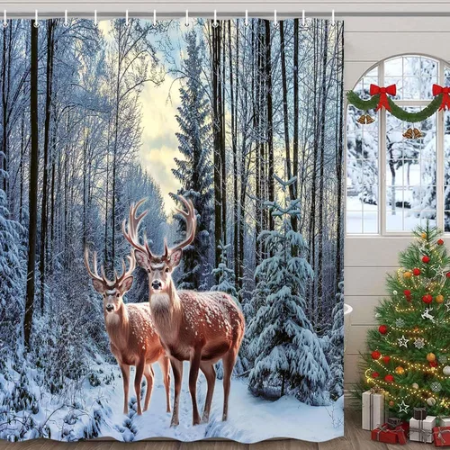 MERCHR Cortina de Ducha de Nieve de Bosque Invernal, Cortina de Ducha de Pino Navideño y Venado Copo de Nieve para Baño, Decoración Festiva Navideña