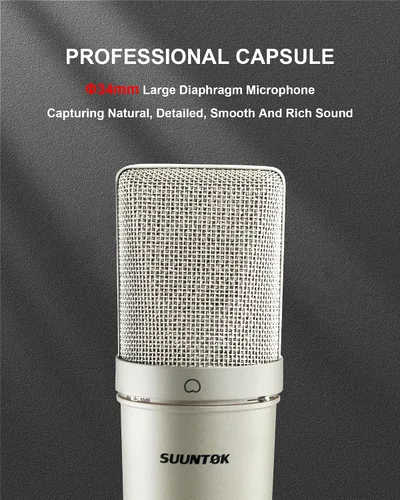 Miniatura 3 de SUUNTOK Micrófono XLR, Micrófono de condensador profesional con diafragma grande de 34mm, Micrófono de estudio cardioide para grabación TM87KB Kit