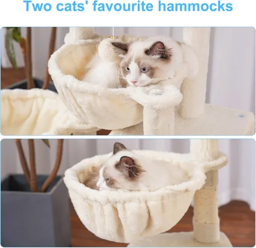 Miniatura 5 de Hey-brother Árbol para gatos, torre para gatos de interior, casa para gatos con cama acolchada grande, acogedor condominio, hamacas, postes Beige