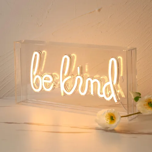 Letrero LED de neón con texto en inglés "Be Kind", caja de acrílico blanco cálido, luz de mesa y pared, alimentada por USB, arte decorativo de neón