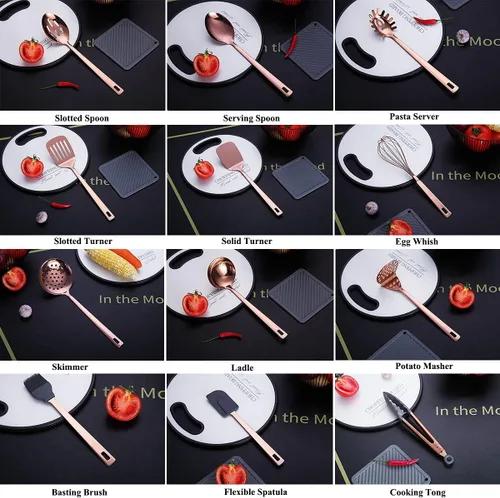 Miniatura 6 de Juego de utensilios de cocina de cobre, juego de 13 utensilios de cocina de acero inoxidable con chapado en oro rosa de titanio, juego