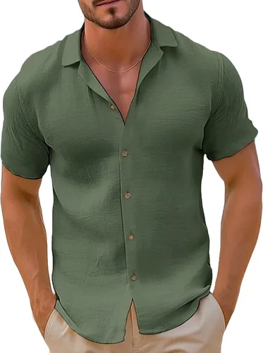 Camisa de guayabera cubana para hombre, estilo casual, con botones, de manga corta, para verano, playa, hippie, color sólido, tops de trabajo