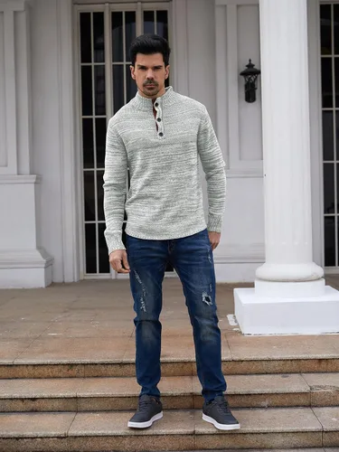 Miniatura 5 de Aoysky Men's Stand Collar Sweater Thermal Button Pullover Sweater Tops Henley Knit Sweaters