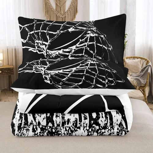 Miniatura 3 de Bodhi Juego de edredón en blanco y negro, juego de ropa de cama de baloncesto deportivo tamaño Queen para niños, juego de edredón de baloncesto
