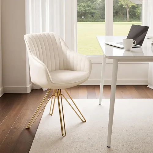 Zouron Silla giratoria moderna de mediados de siglo con patas de metal dorado, silla de escritorio tapizada sin ruedas, silla de oficina lateral Oro