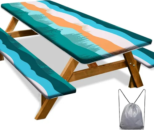Miniatura 53 de Funda de mesa de picnic con fundas para bancos Esenciales de camping Mantel de picnic impermeable y a prueba de viento con bolsa de cordón, funda
