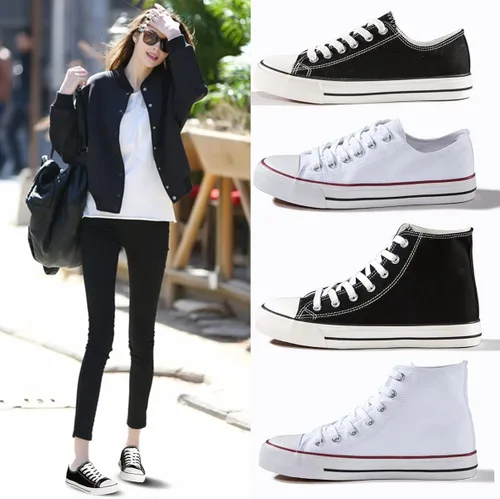 Miniatura 5 de ZGR - Tenis bajos de lona con cordones para mujer estilo clásico casual color blanco y negro
