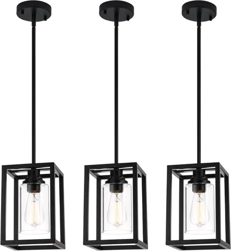 Lámparas colgantes de granja de color negro mate, luces colgantes para isla de cocina, lámpara colgante rectangular de metal lineal, soporte de
