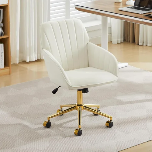 Miniatura 2 de YITAI Silla de escritorio de terciopelo con ruedas y base dorada, silla de tocador tapizada moderna ajustable en altura con giro de 360 grados