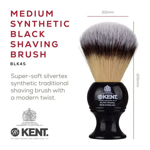 Miniatura 2 de Kent BLK4S - Brocha de afeitar con cerdas sintéticas de texto plateado ultra suaves y mango de resina negra para usar con crema de afeitar o jabón