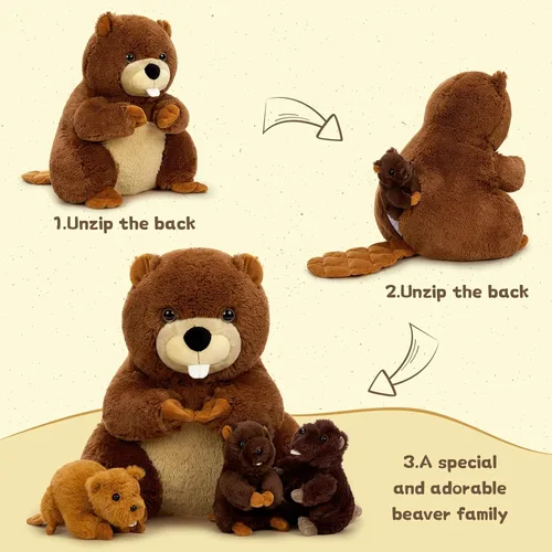 Miniatura 2 de MaoGoLan 4 animales de peluche de castor con tres bebés en el interior, regalo de felpa de castor gigante esponjoso de 17.7 pulgadas, divertidos