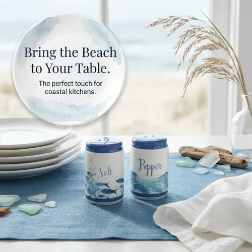 Miniatura 2 de Beachy Blue Fish & Ocean Waves - Salero y pimentero de cerámica Decoración funcional pintada a mano en azul y blanco costero para cocina y comedor