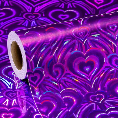 Homeral Rollo de papel de regalo holográfico morado, patrón de corazón iridiscente brillante para el día de San Valentín, cumpleaños, día de la