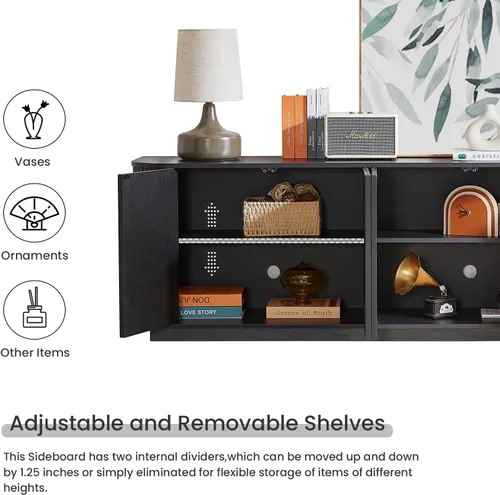 Miniatura 6 de LKTART Aparador de 64 pulgadas con almacenamiento, armario de almacenamiento de madera acanalada, aparador Credenza con estantes ajustables, resorte