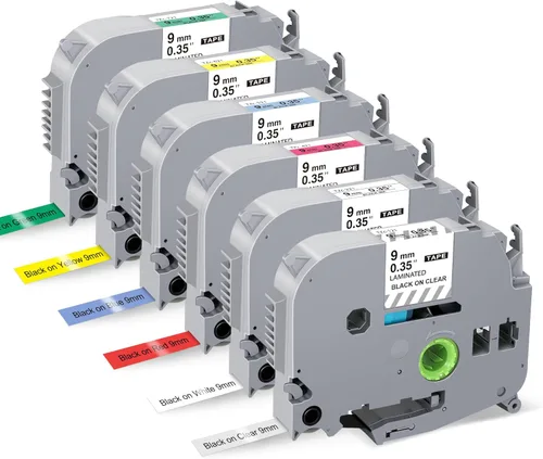 TITBIT Paquete de 6 cintas para etiquetadoras TZe/TZ de 0.354 in, 3/8 pulgadas, color para Brother P Touch PT-H110 PTD-460BT laminado Tze-221 121