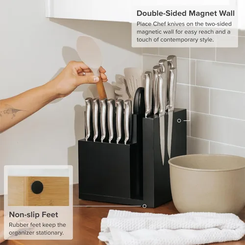 Miniatura 5 de KitchenEdge Bloque magnético de bambú para cuchillos y soporte para utensilios de cocina, almacenamiento elegante para cuchillos de chefs, cuchillos