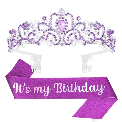 Miniatura 8 de YISSION Juego de tiara y banda de cumpleaños con diamantes de imitación plateados, banda con purpurina con corona de cristal para mujer