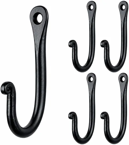 Miniatura 8 de Juego de 5 ganchos en J de hierro forjado – Gancho individual resistente montado en la pared para abrigos, sombreros, toallas y utensilios de cocina