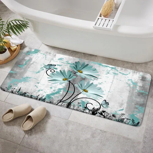 Miniatura 13 de Alfombra de baño rústica de granja, diseño de margaritas y mariposas en madera de campo, tapete de baño de madera color gris, blanco, azul marino