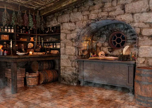 Telón de fondo mágico de fotografía de Halloween con temática de cocina de bruja, fondo de fiesta retro espeluznante, decoraciones vintage de